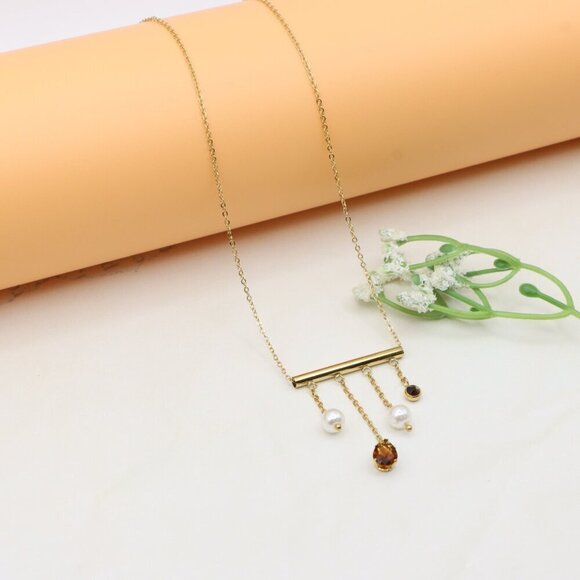 Yellow Gold Plated Pearl Drop Necklace with Crystal Charms, XPNL0361 - Picture 9 of 13